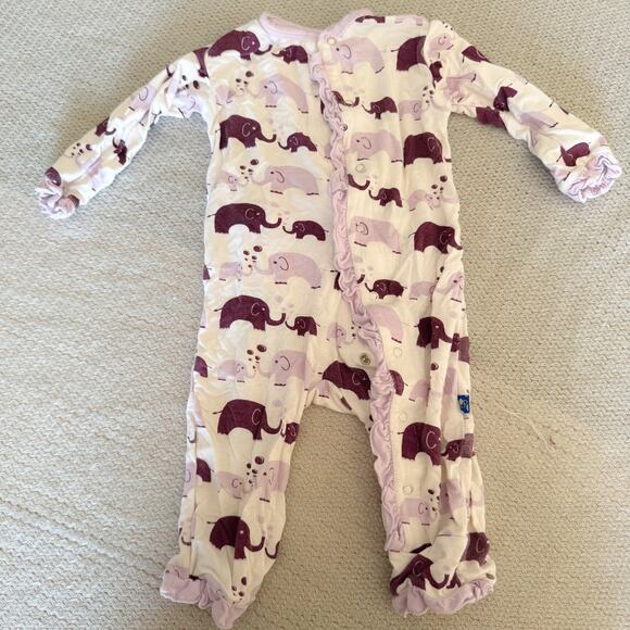 Kickee Pants White + Purple Elephant Print Ruffle Trim Snap Romper 3-6 Month - Picture 7 of 8